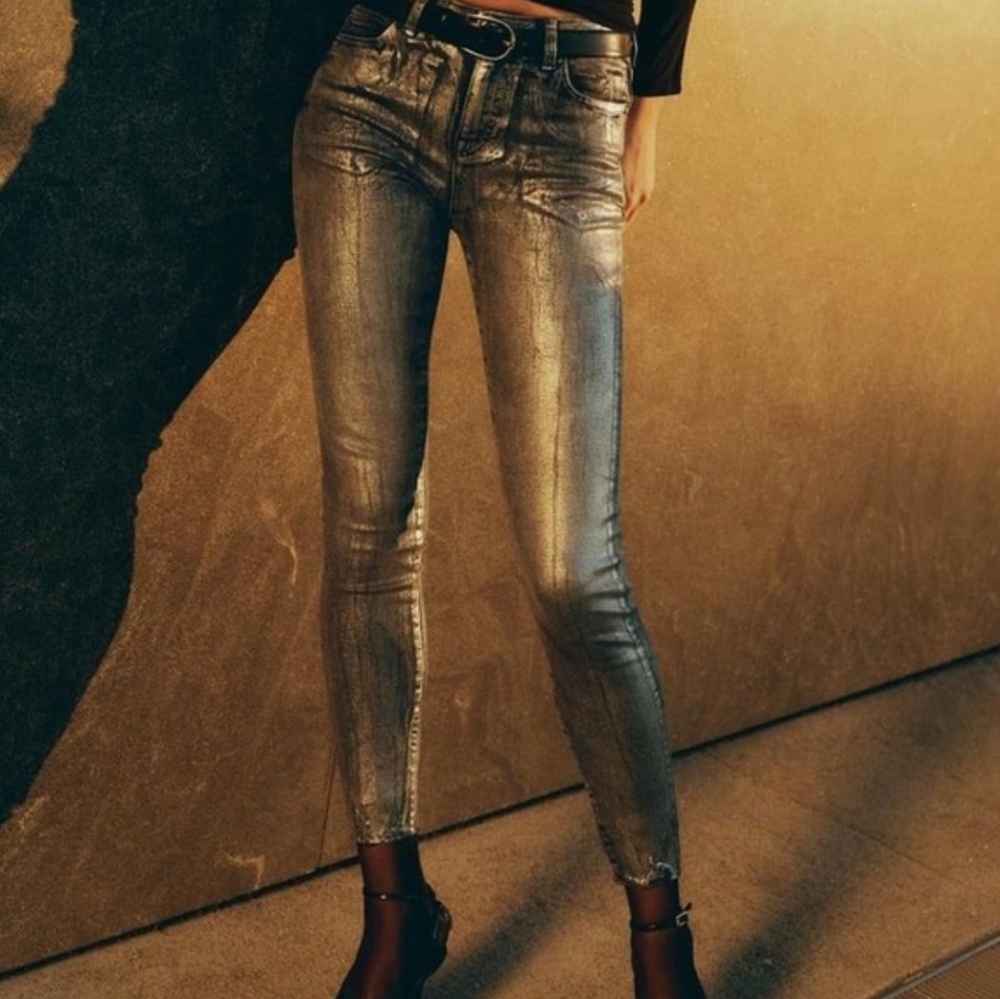 NEW Zara Silver Foil Metallic Mid Waist Skinny Jeans